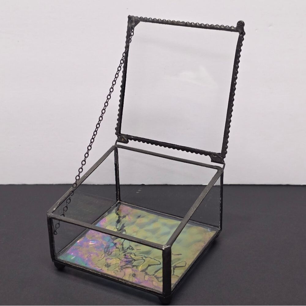 J Devlin Stained Clear Glass Iridescent Bottom Asymmetrical Jewelry Trinket Box